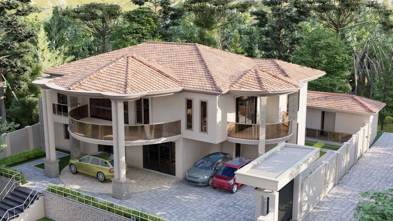 Two-storey residential villa with a terracotta tile roof, curved glass balconies and a paved driveway, surrounded by trees